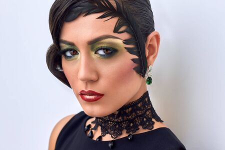Retro fashion portrait of elegant woman in retro accessories with bright lips. Closeup of beautiful...
