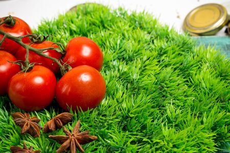 closeup photo, branch of fress ripe cherry tomatoes on green grass, anise stars, summer vegetables food photographyの写真素材