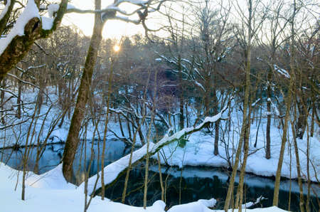 Pond, Sunrise and Snow Mountainの写真素材