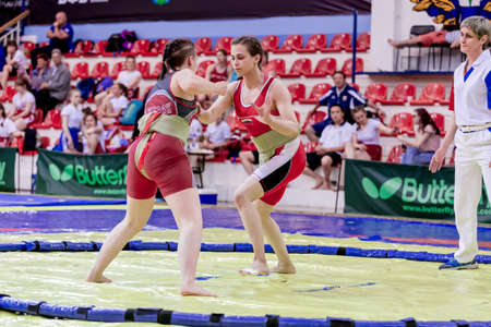 Russia, Vladivostok, 06/30/2018. Sumo competition among girls born in 2003-2004. Teenage tournament of martial arts and fighting sports.のeditorial素材