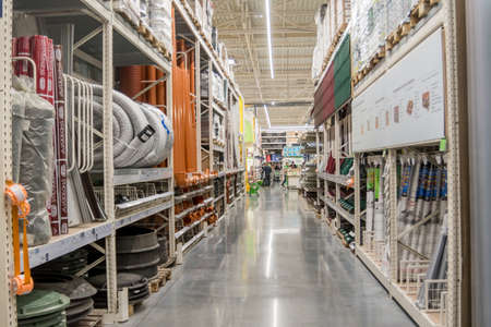 Russia, Vladivostok, 01/25/2020. Interior of the Leroy Merlin Store, a French home-improvement and gardening retailer. Large store with many customers. Store of tools, equipment, gardening and other.のeditorial素材