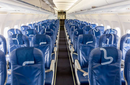 Russia, Vladivostok, 08/17/2020. Interior of passenger plane Airbus A319 of Aurora Airlines. Passengers seats, empty salon. Aviation and transportation.のeditorial素材