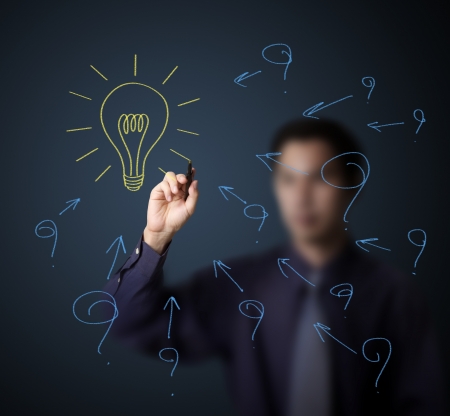 business man drawing problem or question and solution light bulbの写真素材
