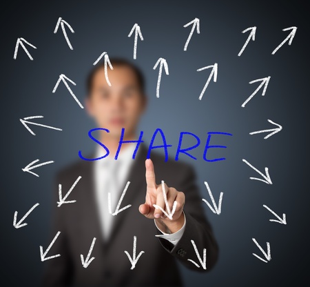 businessman pointing at word shareの写真素材