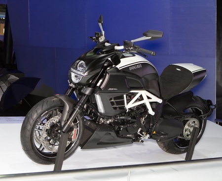 BANGKOK - APRIL 2: Ducati Diavel mortorcycle on display at the 33rd Bangkok International Motor Show on April 2, 2012 in Bangkok, Thailand.のeditorial素材
