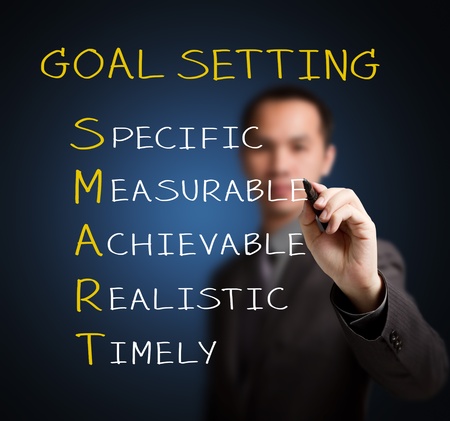 business man writing smart goal or objective setting - specific - measurable - achievable realistic - timely business man writing smart goal or objective setting - specific - measurable - achievable realistic - timely