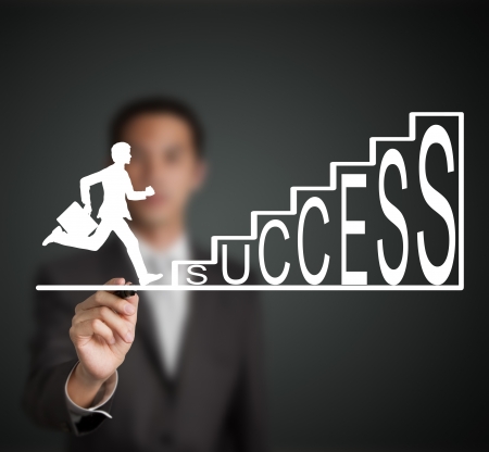 business man start to run and climb up  success stair figure drawn by a businessmanの写真素材