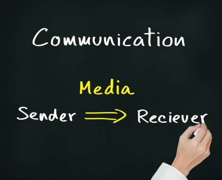 business hand writing communication concept from sender to receiver via mediaの写真素材