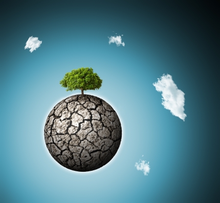 concept of environment   alone survived green three on dried planetの写真素材