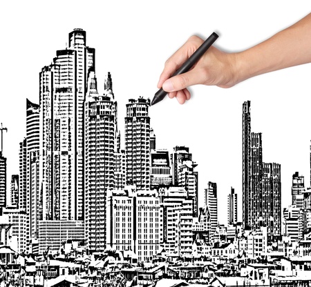 business hand drawing industrial construction concept   modern urban city building  の写真素材