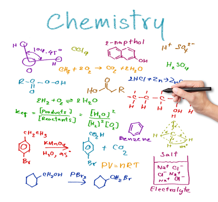 teacher hand writing science and chemical formulaの写真素材