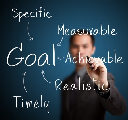 business man writing smart goal settingの写真素材
