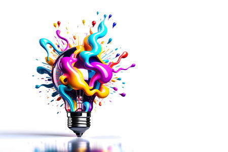 Colorful exploding lightbulb on white background,  represent creativity, idea, innovation, solution, brainstroming and enlightenment concept. Copy space. AI generatedの素材