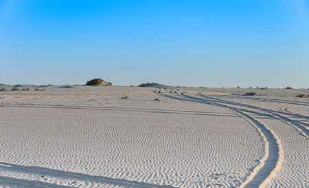 Tracks left by cars on the desert sand at Al Adaid in Qatarの写真素材