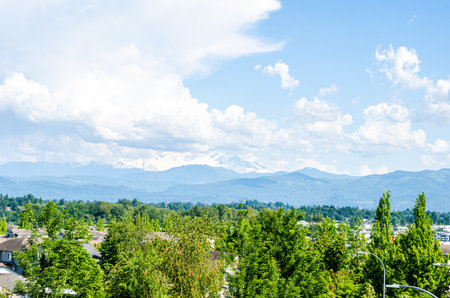 Snow covered peaks of Mt. Baker visible from Abbotsford, BC, Canadaの写真素材