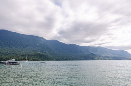 Natural beauty of the Cultus Lake in Chilliwack, Fraser Valley, British Columbia, Canada on a cloudy dayの写真素材