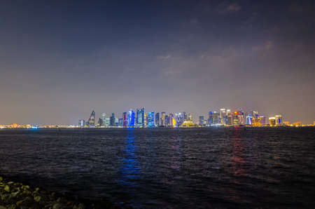 Night view of Doha corniche and business districtの写真素材