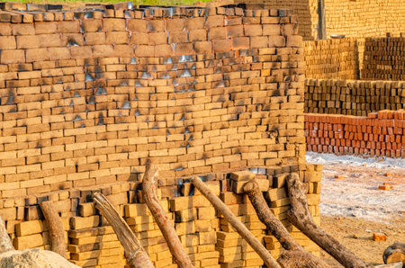 Traditional wood fired clay brick kiln in a village
