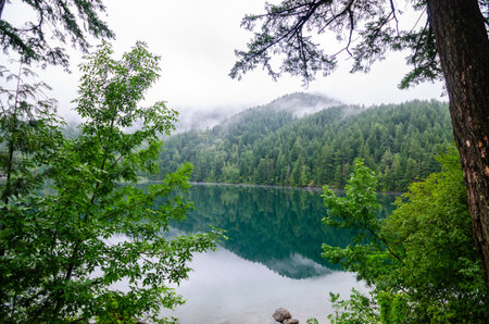 Lake of the woods with reflection of pine tree and cloud covered mountains in the background in Hope, British Columbia, Canadaの写真素材