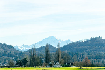 Agricultural farms in Chilliwack, Fraser Valley, British Columbia, Canada. Mt Baker is seen in the...
