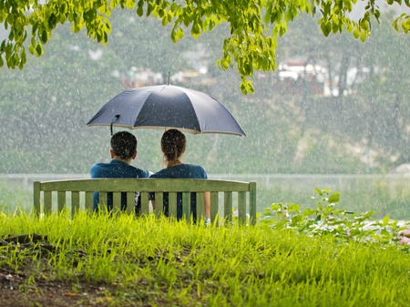 A couple on a bench under umbrella の写真素材