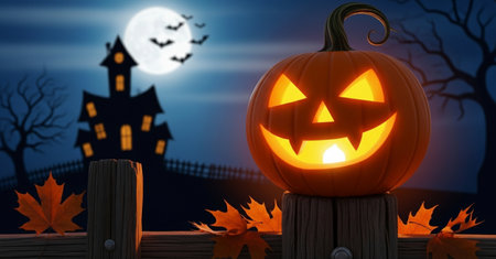 Halloween pumpkins in front of haunted house - 3d renderの素材