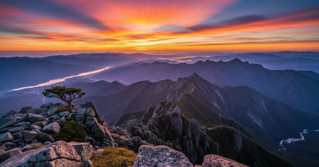 Beautiful sunset in the mountains. Panoramic view from the top of the mountain.の素材