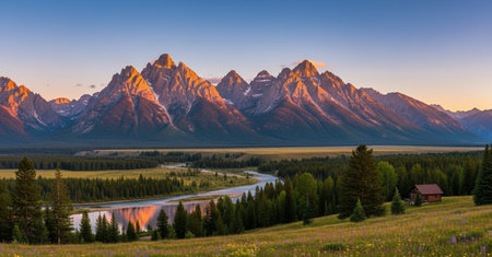 Grand Teton National Park at sunset, Wyoming, United States.の素材