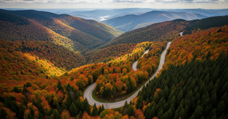 Aerial view of a mountain road in the autumn forest. Carpathians, Ukraineの素材