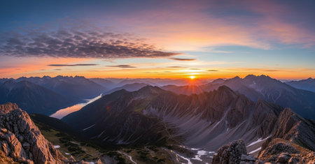 Sunset in the mountains. Beautiful panorama of the Alps.の素材