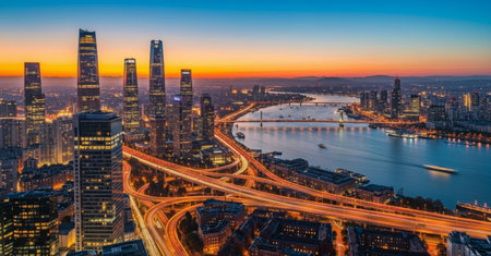 Aerial view of Chicago skyline at sunset, Illinois, USA.の素材