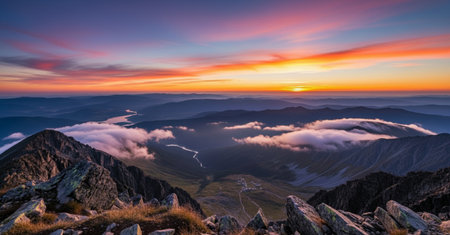 Sunset in the mountains. Panoramic view of the Carpathian Mountains.の素材