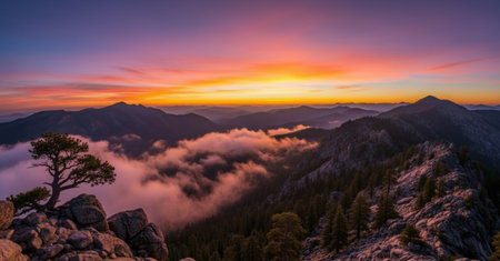 Panoramic view of the foggy valley in the mountains at sunsetの素材