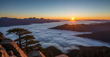 Sunrise over the clouds in the mountains. Panoramic view.の素材