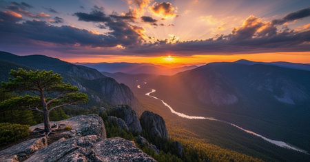Beautiful sunset in the mountains. Panorama of the valley.の素材