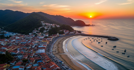 Aerial view of Copacabana beach at sunset, Rio de Janeiro, Brazilの素材
