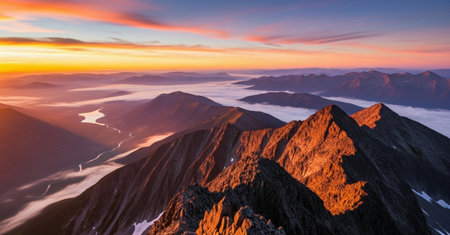 Mountains in the clouds at sunset. View from the top of the mountain.の素材