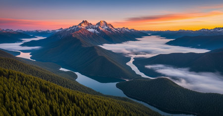 Mountain landscape at sunset. Panoramic view of the mountain lake.の素材