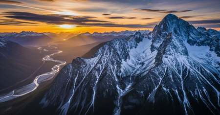 Aerial view of Himalaya mountain range at sunset, Nepal.の素材