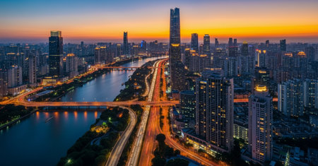 Aerial view of shanghai cityscape at sunset, Chinaの素材