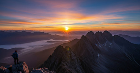Sunrise in the mountains. A man stands on top of a mountain and looks into the distance.の素材