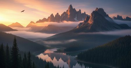Mountains in the morning mist. Panoramic view of the lake and mountains.の素材