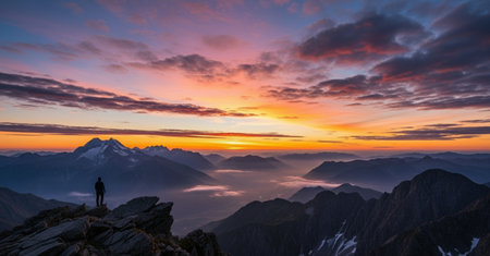 Hiker at the top of the mountain at sunset, Switzerland.の素材