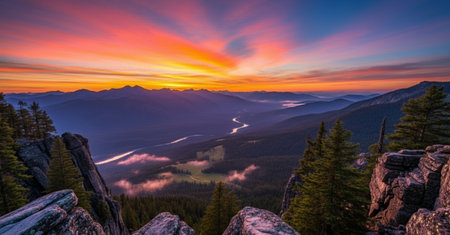 Panoramic view of the mountain lake in the valley at sunrise.の素材