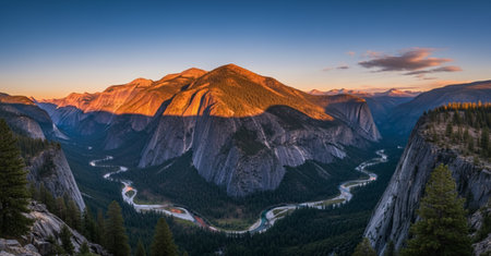 Yosemite National Park, California, USA. Panoramic view of Yosemite Valley at sunset.の素材