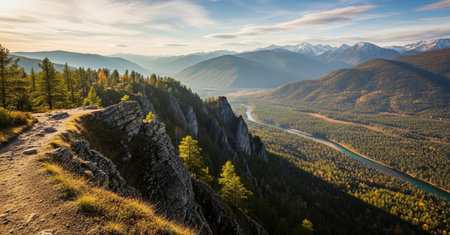 Panoramic view of the mountain valley and the river. Autumn landscape.の素材