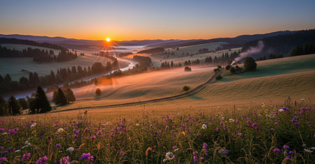 Panoramic view of the mountain valley at sunrise. Carpathian, Ukraineの素材