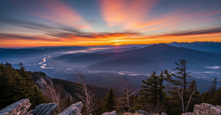 Sunset in the mountains of the Ukrainian Carpathians. Panoramic view.の素材