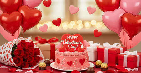 Valentine's Day background with a red heart-shaped cake and gift boxesの素材