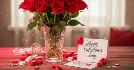Valentine's day greeting card with red roses on wooden tableの素材